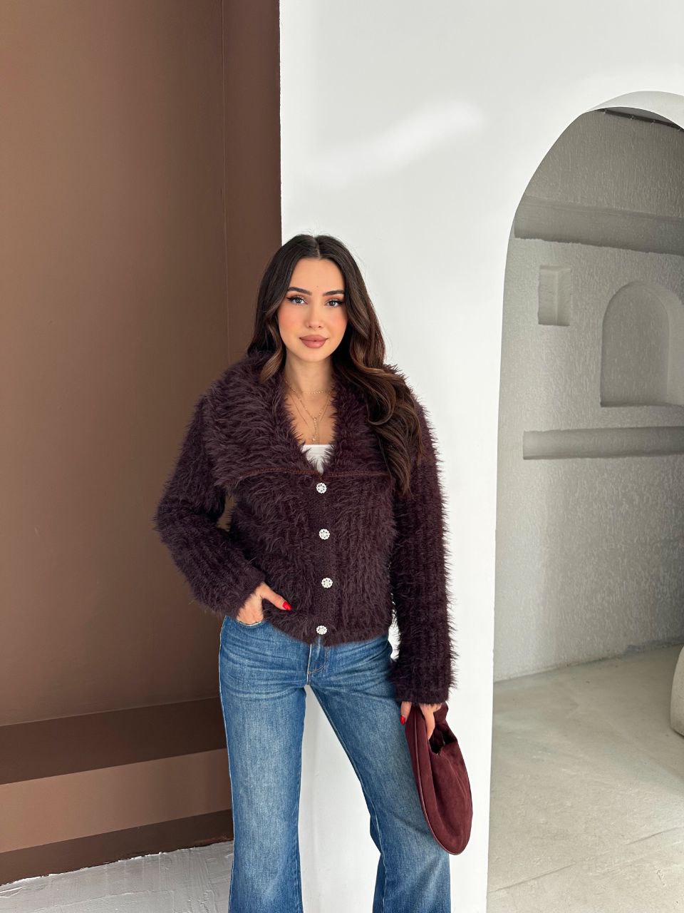 Damski elegancki kardigan z długim włosiem