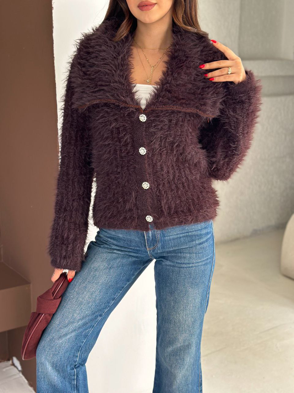 Damski elegancki kardigan z długim włosiem